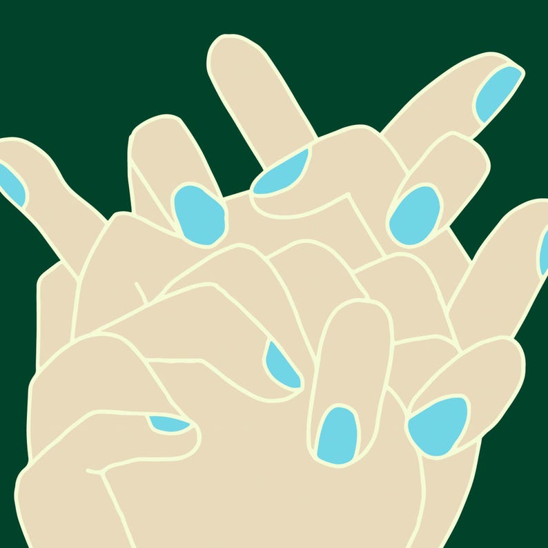 May include: Two hands with light skin and blue nail polish are intertwined. The hands are shown against a dark green background.