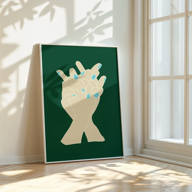 May include: Two hands with light blue nail polish are clasped together against a dark green background. The hands are drawn in a simple, minimalist style.