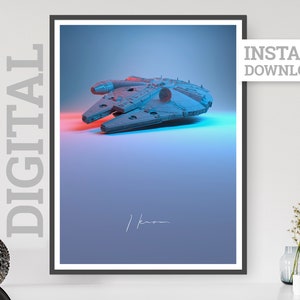 May include: Digital print of a Millennium Falcon model, lit with red and blue hues. The print includes the text "INSTANT DOWNLOAD" and the signature "I know". The artwork is framed in a black border.