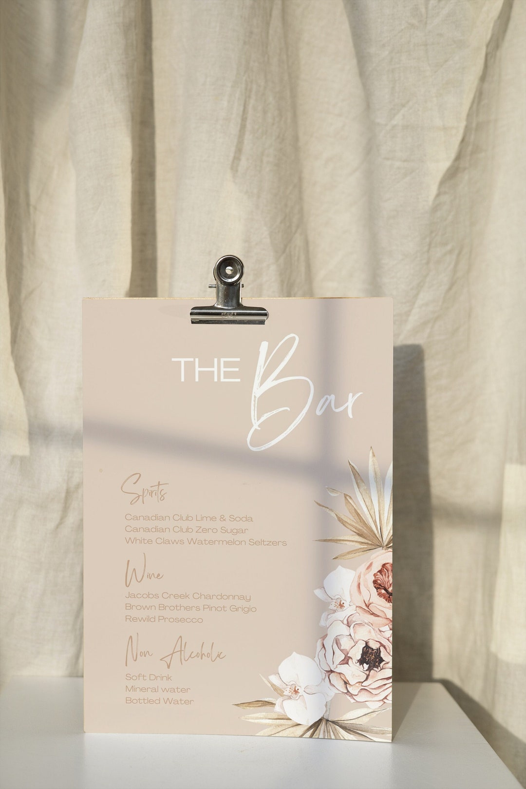 BOHO Bridal Shower Bar Menu, Bridal Shower Drinks Menu, Hens Party Menu