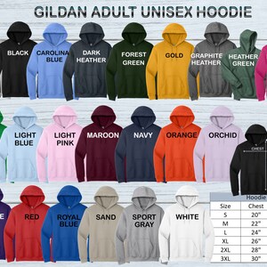 May include: A chart displaying the colour options and size chart for Gildan adult unisex hoodies. The chart shows 24 different colour options for the hoodies, including Ash, Black, Carolina Blue, Dark Heather, Forest Green, Gold, Graphite Heather, Heather Green, Heliconia, Irish Green, Light Blue, Light Pink, Maroon, Navy, Orange, Orchid, Purple, Red, Royal Blue, Sand, Sport Grey, White, and a black hoodie with the words "Chest" and "Length" written on it. The size chart shows the chest and length measurements for sizes S, M, L, XL, 2XL, and 3XL.