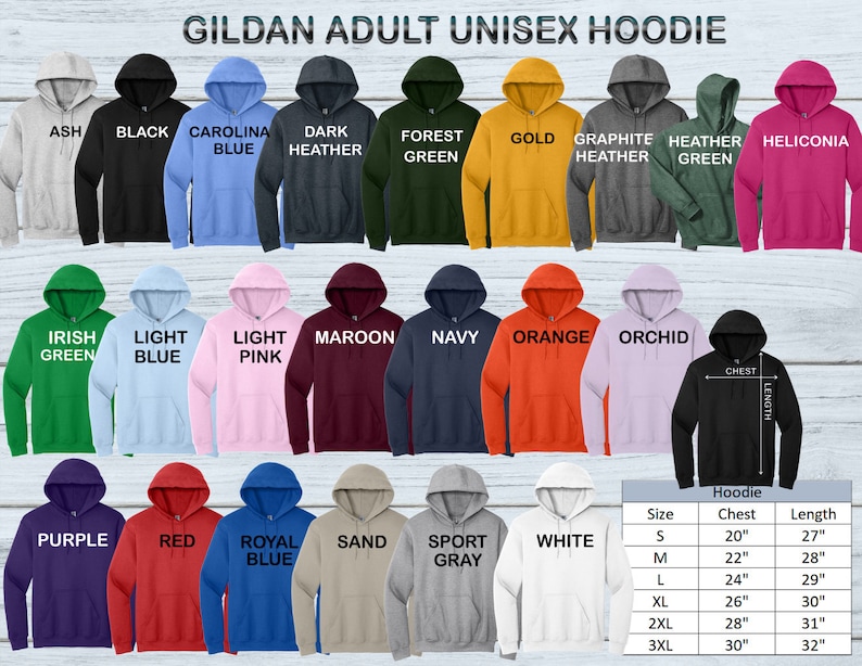 May include: A chart displaying the colour options and size chart for Gildan adult unisex hoodies. The chart shows 24 different colour options for the hoodies, including Ash, Black, Carolina Blue, Dark Heather, Forest Green, Gold, Graphite Heather, Heather Green, Heliconia, Irish Green, Light Blue, Light Pink, Maroon, Navy, Orange, Orchid, Purple, Red, Royal Blue, Sand, Sport Grey, White, and a black hoodie with the words "Chest" and "Length" written on it. The size chart shows the chest and length measurements for sizes S, M, L, XL, 2XL, and 3XL.