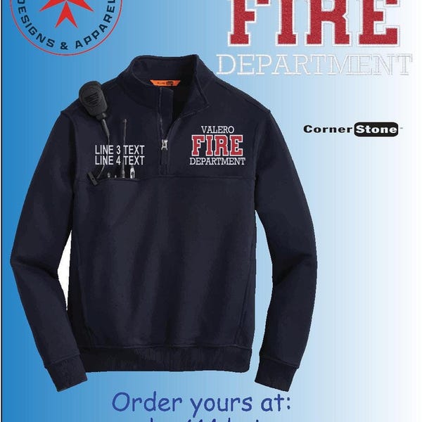 Camisa personalizada estilo bombeiro, com meio zíper e bordado personalizado.