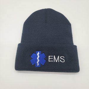 EMS Embroidered Beanie with Custom Star of Life Emblem, Fire Department EMS Embroidered Beanie, Custom FD or ems Beanie various colors
