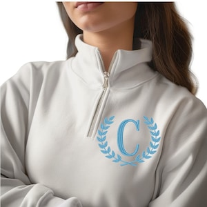 Embroidered Initial with Crest, Initial Stitched on Quarter Zip-Up, Personalized Sweater, Gift for Dad, Gift for Her, Monogrammed Gift
