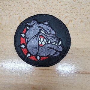 Bulldog Head Patch, 3" Round Embroidered on Black Twill