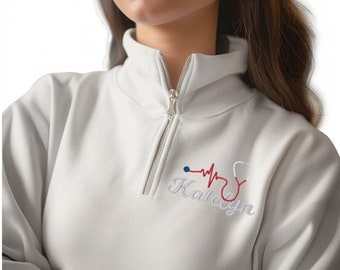 Customized nurse quarter zip, embroidered stethoscope, RN gift, medical attire, nursing student present