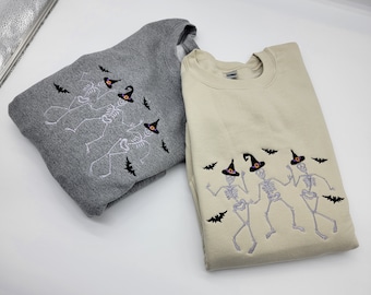 Gestickte tanzende Skelette Sweatshirt, Halloween Herbst Kleidung