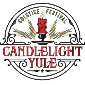 May include: A red candle with a flame sits in a black candlestick holder. The candle is surrounded by two green pine branches. The text "Solstice Festival Candlelight Yule" is written in a black circle with decorative flourishes.