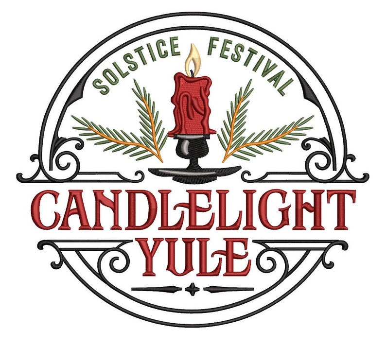 May include: A red candle with a flame sits in a black candlestick holder. The candle is surrounded by two green pine branches. The text "Solstice Festival Candlelight Yule" is written in a black circle with decorative flourishes.
