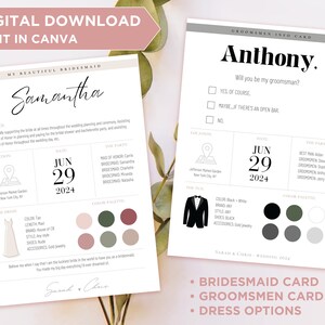 Op de afbeelding: Een printbare bruidsmeisjeskaart met een roze achtergrond en een zwart-witte illustratie van een jurk. De kaart bevat de naam Samantha, de datum 29 juni 2024 en de tekst "My Beautiful Bridesmaid".