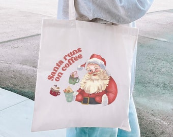 Santa runs on coffee Cotton Canvas Tote Bag, Christmas gift, Coffee lover gift, Holiday gift. Retro santa tote, Vintage santa tote, Holiday