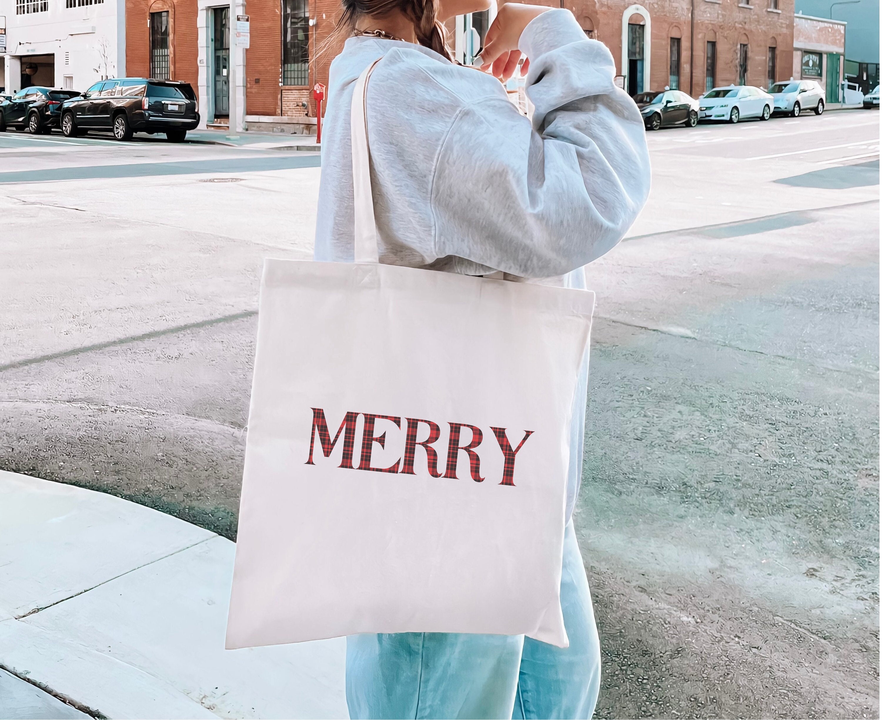 Plaid MERRY Cotton Canvas Tote Bag, Friendly Bag, Christmas Gift, Cotton Tote Bag, Merry Christmas, Gift for Her, Cute gift, eco bag