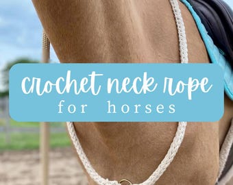 Puede incluir: Primer plano de una cuerda de cuello de crochet blanca para caballos. La cuerda está en el cuello de un caballo marrón. La cuerda tiene un anillo de metal dorado.