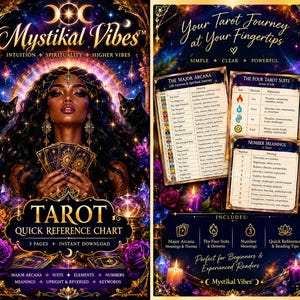 May include: A tarot quick reference chart featuring a person with long dark hair holding cards, flanked by two black cats. The design includes purple roses, crystals, and text such as Mystikal Vibes, Major Arcana, and Four Tarot Suits.