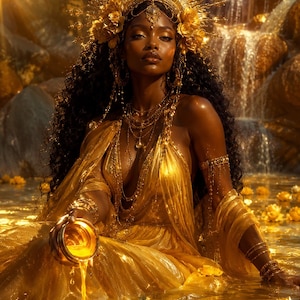 Könnte beinhalten: Eine Person mit langem, dunklem, lockigem Haar trägt ein metallisch goldenes Gewand und einen aufwendigen goldenen Kopfschmuck mit floralen Akzenten. Sie ist mit mehreren goldenen Halsketten, Armreifen und Armbändern geschmückt und gießt Flüssigkeit aus einem goldenen Gefäß.