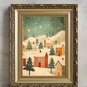 Impresión de lindo pueblo navideño, arte de pared IMPRIMIBLE, pintura navideña vintage, inauguración de la casa, decoración del hogar de invierno, póster festivo