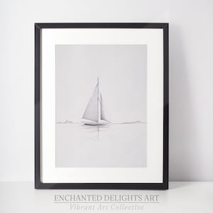 Vintage Sailboat Sketch Art, Minimalist Line Drawing Print, Antique Nautical Decor Digital PRINTABLE, Lake House Decor, Beach House Decor