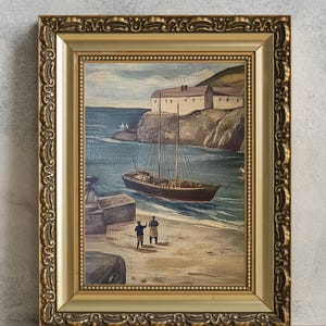 Vintage Fishing Village Painting, PRINTABLE Wall Decor, Antique Grainy Nautical Art, Quaint Sea Port Print, Boat House Poster