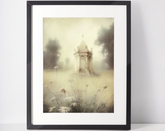 Vintage Old Mausoleum Painting, Overgrown Field Painting, PRINTABLE Wall Art, Antique Wall Decor, Old Monument Art, Crypt Art, 18x24 Poster