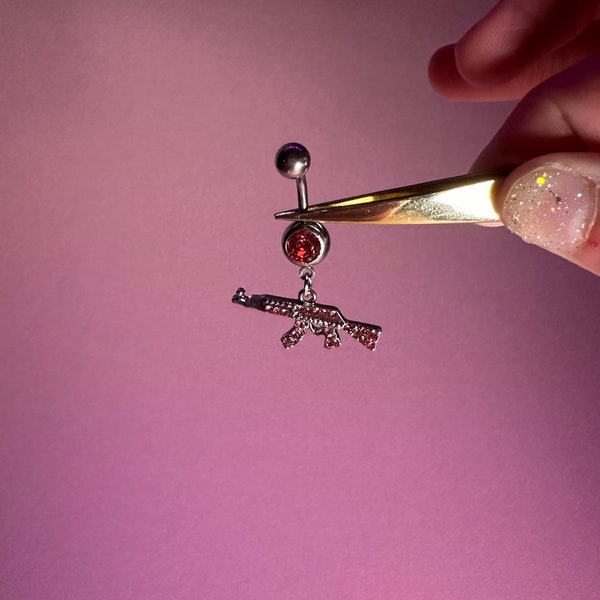 Pink AK47 Gun Belly Bar Stainless Steel Gemstone Details