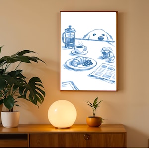 Funny Dog Breakfast Poster, Powder Blue Kitchen Wall Art, Whimsical Watercolor Print image 8