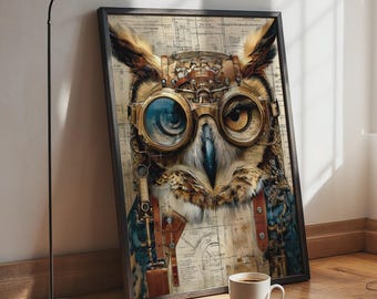 Affiche hibou steampunk, art mural oiseau à lunettes victorien, impression de plan, décoration de bureau