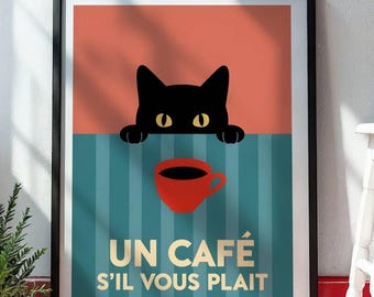 Coffee Art Print: Black Cat, Retro French Style - Glossy Poster