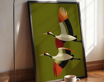 Japanischer Kranich Druck, Fliegende Reiher Poster, Folk Art Stil Vogel Dekor