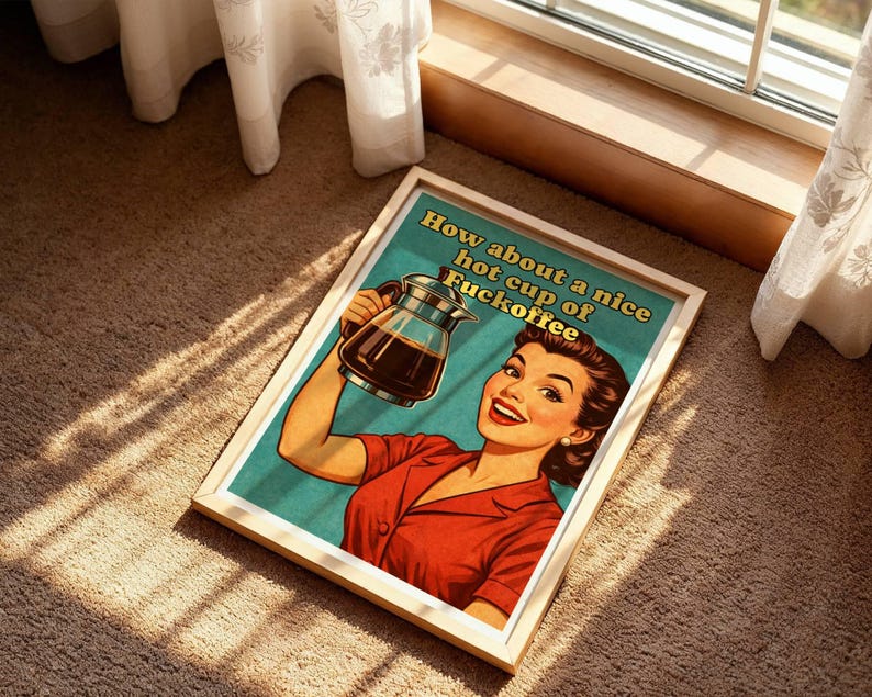 Poster retrò sul caffè, illustrazione irriverente per la cucina (stile metà secolo, lucido) immagine 3
