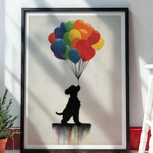 Peut inclure: Impression d'art encadrée représentant une silhouette noire d'un chien tenant un bouquet de ballons colorés. Les ballons sont dans les tons de rouge, orange, jaune, vert, bleu et violet. Le chien est sur une plateforme avec des coulures de peinture colorées.