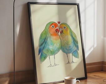 Affiche aquarelle inséparables, couple de perroquets mignons, décoration murale, impression d'oiseaux, cadeau de Saint-Valentin