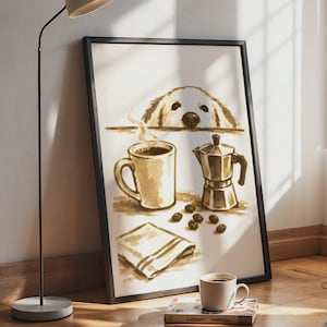 May include: A framed wall art print featuring a watercolour-style illustration of a golden dog peeking over a ledge above a steaming mug of coffee, a metallic moka pot, scattered coffee beans, and a folded cloth napkin on a white background.