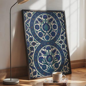 May include: A rectangular framed wall art piece featuring a repeating pattern of two large circular medallions filled with intricate blue, teal, and white floral motifs, including stylized tulips and carnations on a cream-colored background.