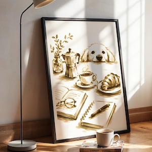Op de afbeelding: Een ingelijste kunstprint met een sepia-kleurige illustratie van een golden retriever die over een tafel kijkt. De scène bevat een mokkapot, een kopje koffie, een croissant, een open boek met een bril en een notitieblok met een pen.