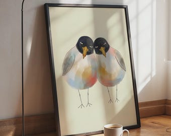 Affiche aquarelle de mouettes, illustration murale amusante d'oiseaux, couple illustré côtier, décoration animale originale