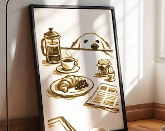 May include: A framed wall art print featuring a sepia-toned illustration of a breakfast scene. The artwork depicts a dog peeking over a table, a French press, a steaming cup of coffee, a croissant on a plate, a jar of jam, an egg, and a newspaper.