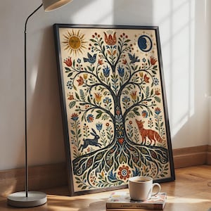 May include: A framed rectangular wall art print featuring a central tree with intricate branches, flowers, and leaves. The illustration includes a sun, a crescent moon, two birds, a rabbit, and a fox in shades of red, blue, yellow, and green.