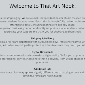 May include: A light grey informational graphic with black text titled Welcome to That Art Nook. The text provides details about an independent poster studio, including information on shipping, delivery, digital downloads, and additional product notes.