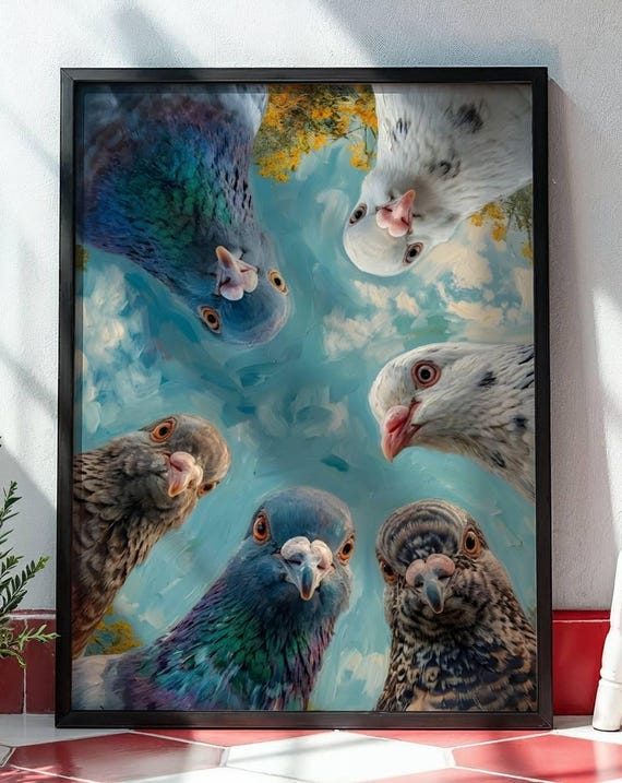Pigeon Wall Art: Bright Surreal Bird Print (Glossy Museum Paper)