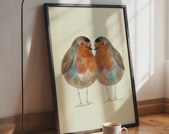 Affiche aquarelle d'un couple de rouges-gorges, illustration murale d'oiseaux mignons, décoration nature et faune sauvage