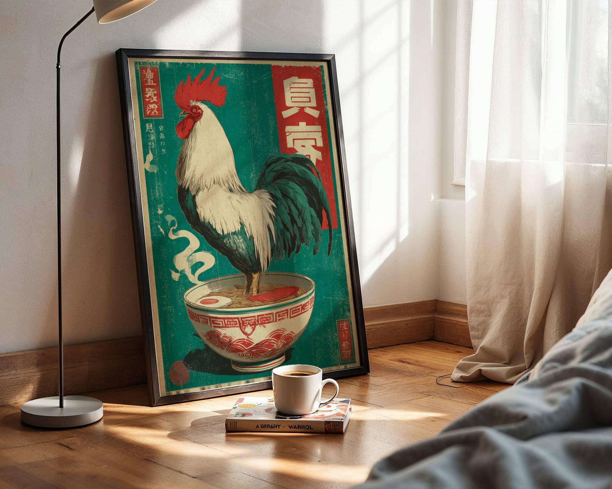 Vintage Japanese Style Rooster Ramen Poster - Quirky Kitchen Wall Art ...