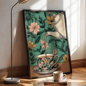 Botanischer Blumendruck für Teekannen: Wandbild im dunklen Cottagecore-Stil