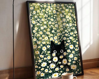 Affiche murale Chat noir : Prairie de marguerites fleuries (brillante)