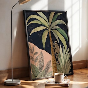 May include: A framed rectangular wall art print featuring a central palm tree with a monkey climbing its trunk. The background is dark navy blue with a soft peach-colored hill, green foliage, and textured leaf patterns in a flat graphic style.