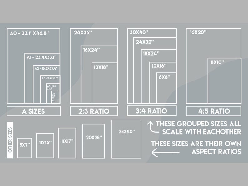 May include: A gray informational chart displaying various print aspect ratios and dimensions in inches. It includes A sizes, 2:3, 3:4, and 4:5 ratios, along with other sizes like 5x7, 11x14, 11x17, 20x28, and 28x40 inches, with explanatory text.
