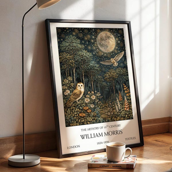 William Morris Owl Poster, Vintage Full Moon Wall Art, Arts and Crafts Tapestry Print