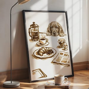 Poster mit Spaniel-Frühstück, Wandbild mit Cocker Spaniel, niedlicher Hunde-Print, Illustration zum Kaffeemorgen
