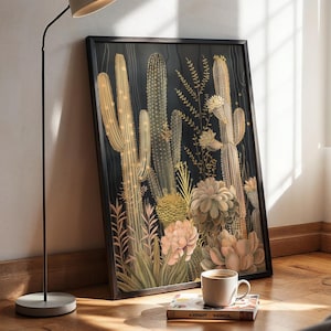 Moody Desert Cactus Poster, Gold Foil Style Succulent Wall Art, Dark Botanical Print