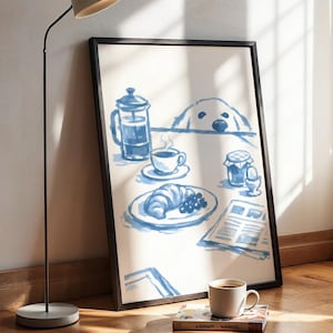 Rolig hundfrukostposter, puderblå köksväggkonst, nyckfullt akvarelltryck